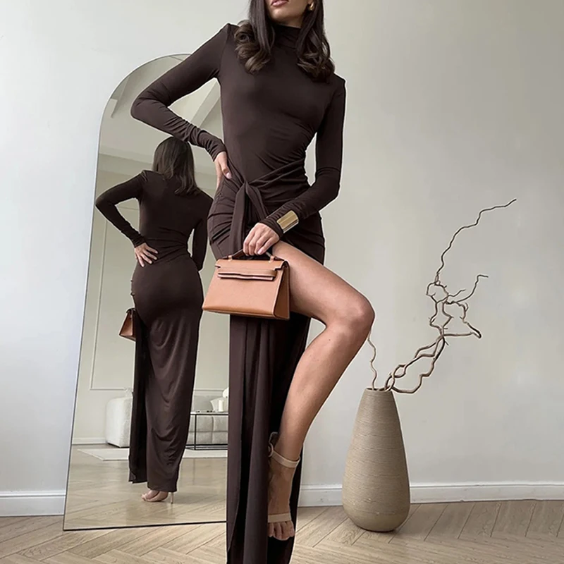 Sexy Slim Solid Color One Piece Robes Elegant High Split Tie-up Wrap Hips Dress Fall Winter New Women's Turtleneck Bodycon Dress
Sexy Slim Solid Color One Piece Robes Elegant High Split Tie-up Wrap Hips Dress Fall Winter New Women's Turtleneck Bodycon Dress