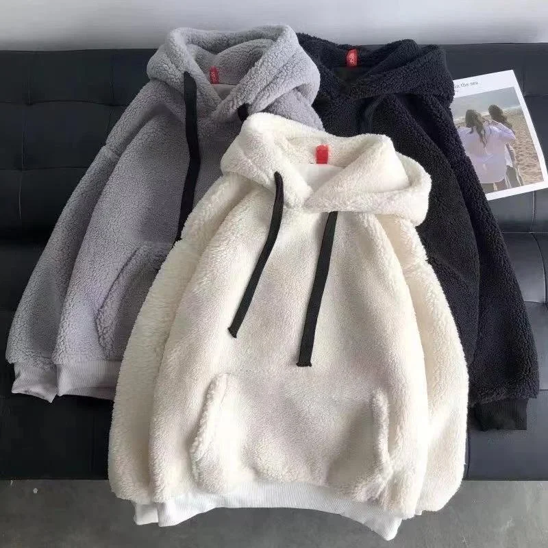 Ladies Thickened Faux Lamb Fur Hoodie Sweatshirt Korean Style Simple Couple Matching Loose Top with Inner Fleece for Winter
Ladies Thickened Faux Lamb Fur Hoodie Sweatshirt Korean Style Simple Couple Matching Loose Top with Inner Fleece for Winter