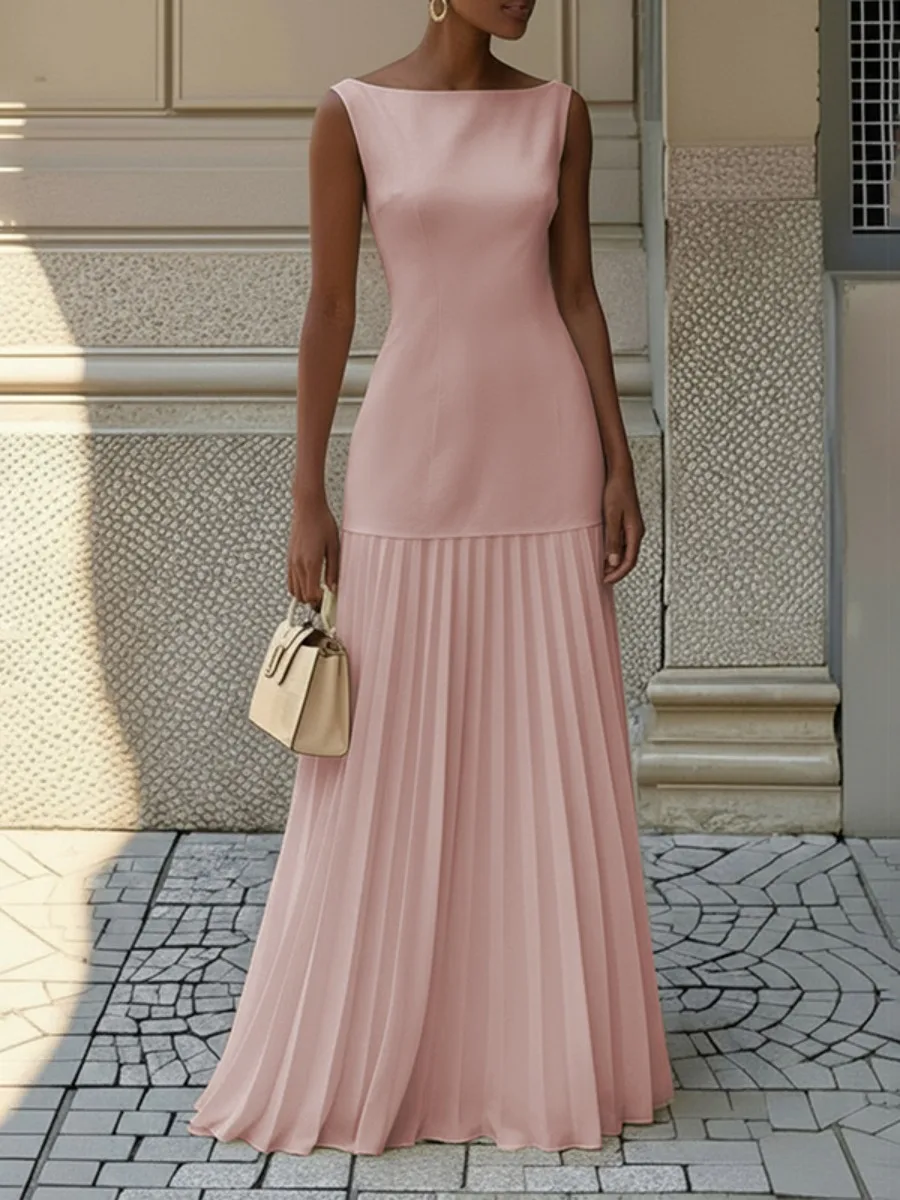 Women's Dusty Pink Boat Neck Sleeveless Maxi Dress Fitted Solid Bodice Pleated Chiffon Swing Floor Length Elegant Formal Gown
Women's Dusty Pink Boat Neck Sleeveless Maxi Dress Fitted Solid Bodice Pleated Chiffon Swing Floor Length Elegant Formal Gown