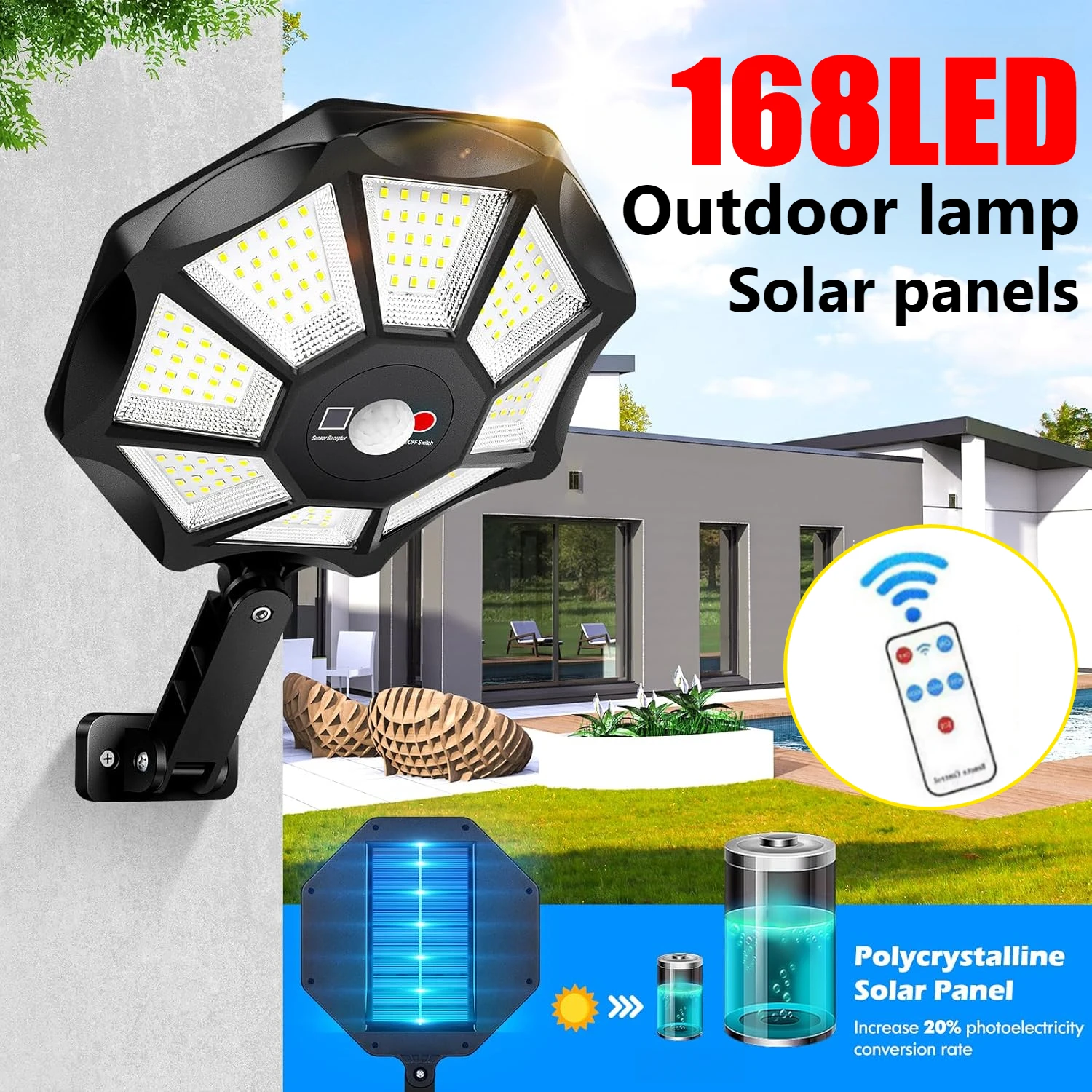 Solar Powered Street Light with Remote Motion Sensor Solar Outdoor Lights 6500K 168 LED Flood Lights for Outside Parking Yard
Solar Powered Street Light with Remote Motion Sensor Solar Outdoor Lights 6500K 168 LED Flood Lights for Outside Parking Yard