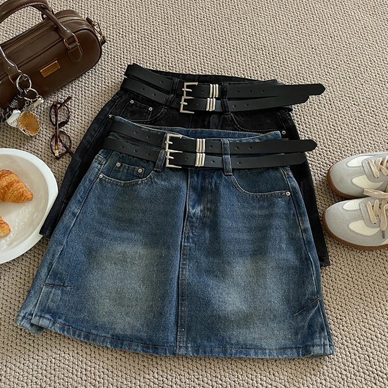 Personalized Double Belt Denim Skirts Summer Women's High Waist Slimming Mini Half Skirt Korean Retro A-line Short Skirt
Personalized Double Belt Denim Skirts Summer Women's High Waist Slimming Mini Half Skirt Korean Retro A-line Short Skirt