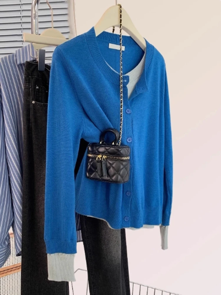 Fashion Fake Two-piece Knitted Cardigan Women Tops Lazy Style Contrast Color O-Neck Sweaters Cardigans Autumn Winter New
Fashion Fake Two-piece Knitted Cardigan Women Tops Lazy Style Contrast Color O-Neck Sweaters Cardigans Autumn Winter New