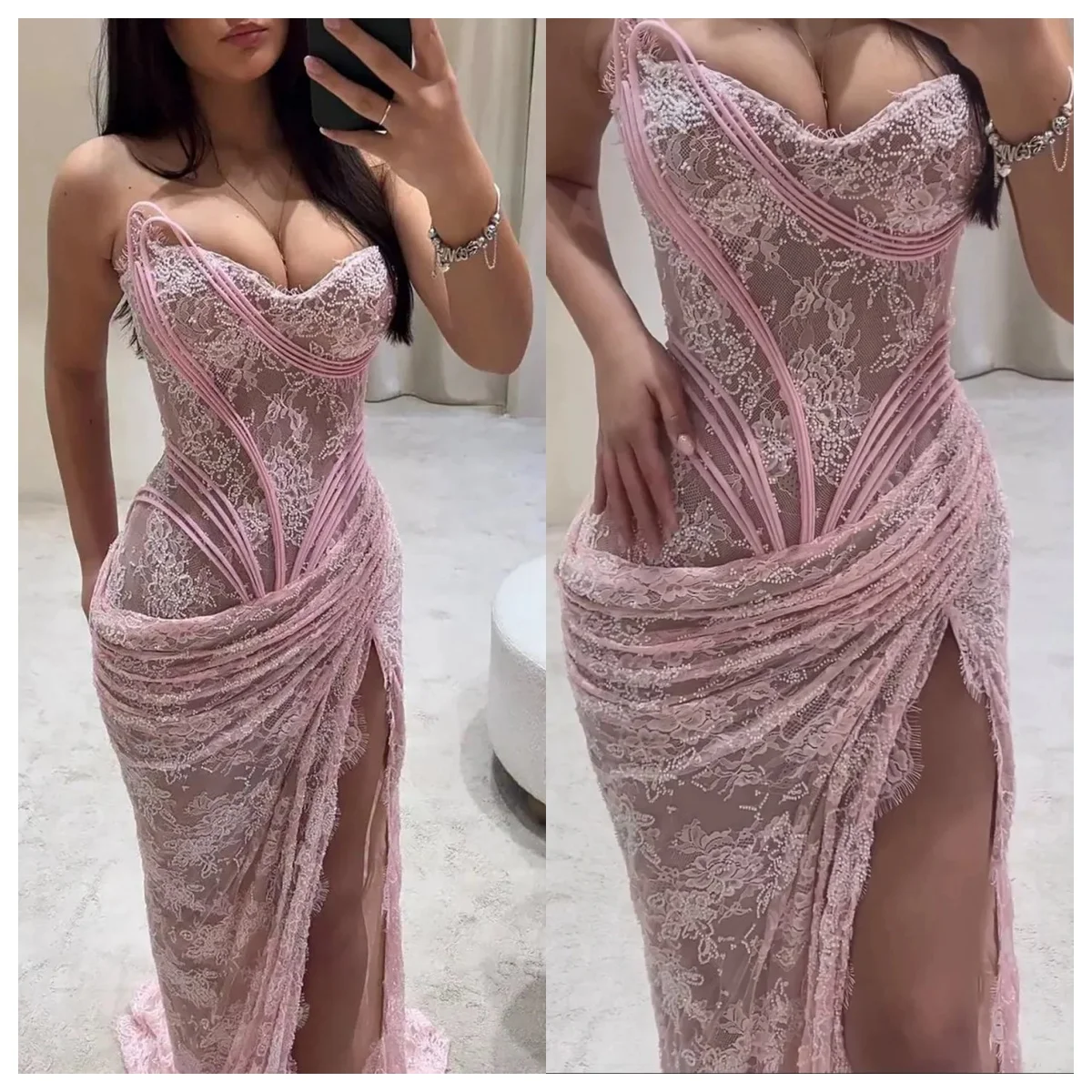 Custom pink mermaid pleated sleeveless prom dress with high side slit 2025 beaded lace herringbone floor-length evening dress
Custom pink mermaid pleated sleeveless prom dress with high side slit 2025 beaded lace herringbone floor-length evening dress
