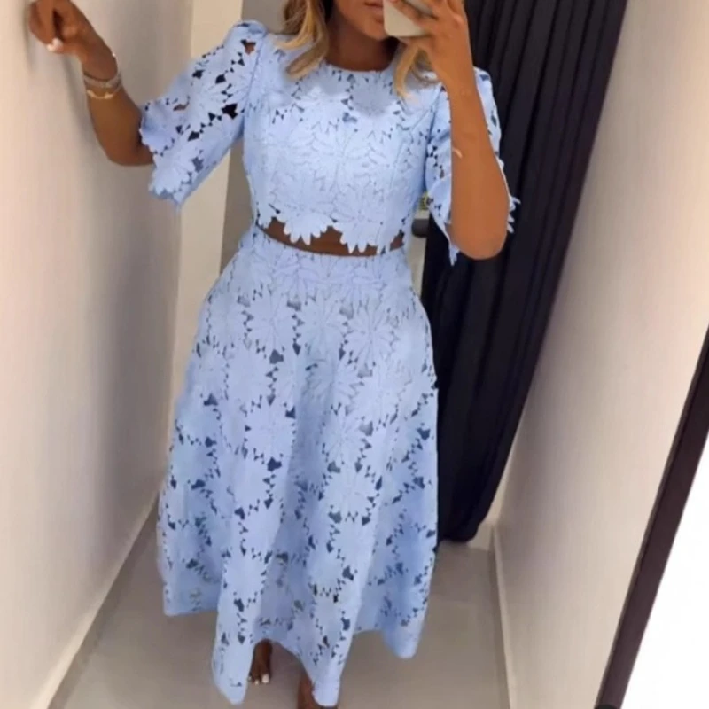 New Summer Hollowed-out Lace Skirt Two-piece Set Elegance Pullover Short Top+Long Skirt Fashion Casual Suit Women's Dresses
New Summer Hollowed-out Lace Skirt Two-piece Set Elegance Pullover Short Top+Long Skirt Fashion Casual Suit Women's Dresses