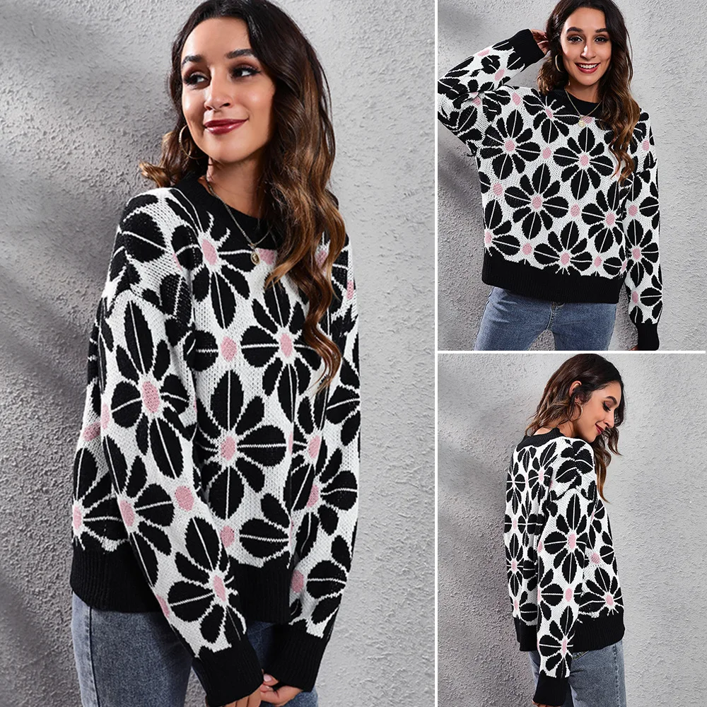 Flower color matching off-shoulder long-sleeved knitted sweater women loose autumn and winter European and American women's wear
Flower color matching off-shoulder long-sleeved knitted sweater women loose autumn and winter European and American women's wear