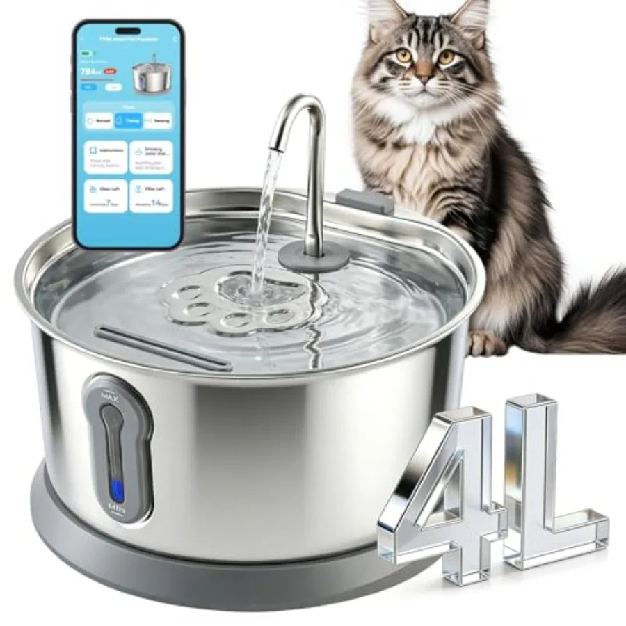 Stainless Steel Cat Water Fountain for Indoor Use, Silver, Ultra Quiet Operation with LED Water Level Window and App Monitoring
Stainless Steel Cat Water Fountain for Indoor Use, Silver, Ultra Quiet Operation with LED Water Level Window and App Monitoring