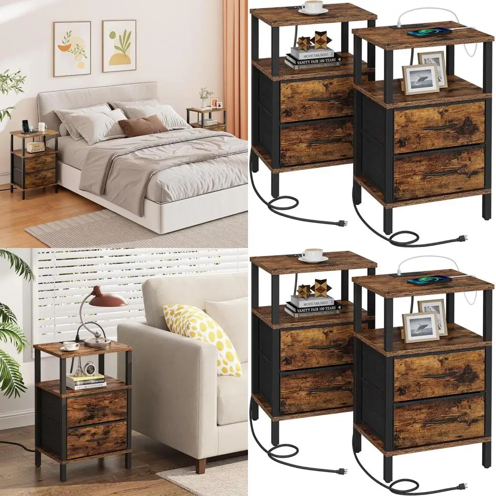 Set of 2 Brown Charging Nightstands with USB Ports and Outlets, Plus Couch Side Table
Set of 2 Brown Charging Nightstands with USB Ports and Outlets, Plus Couch Side Table