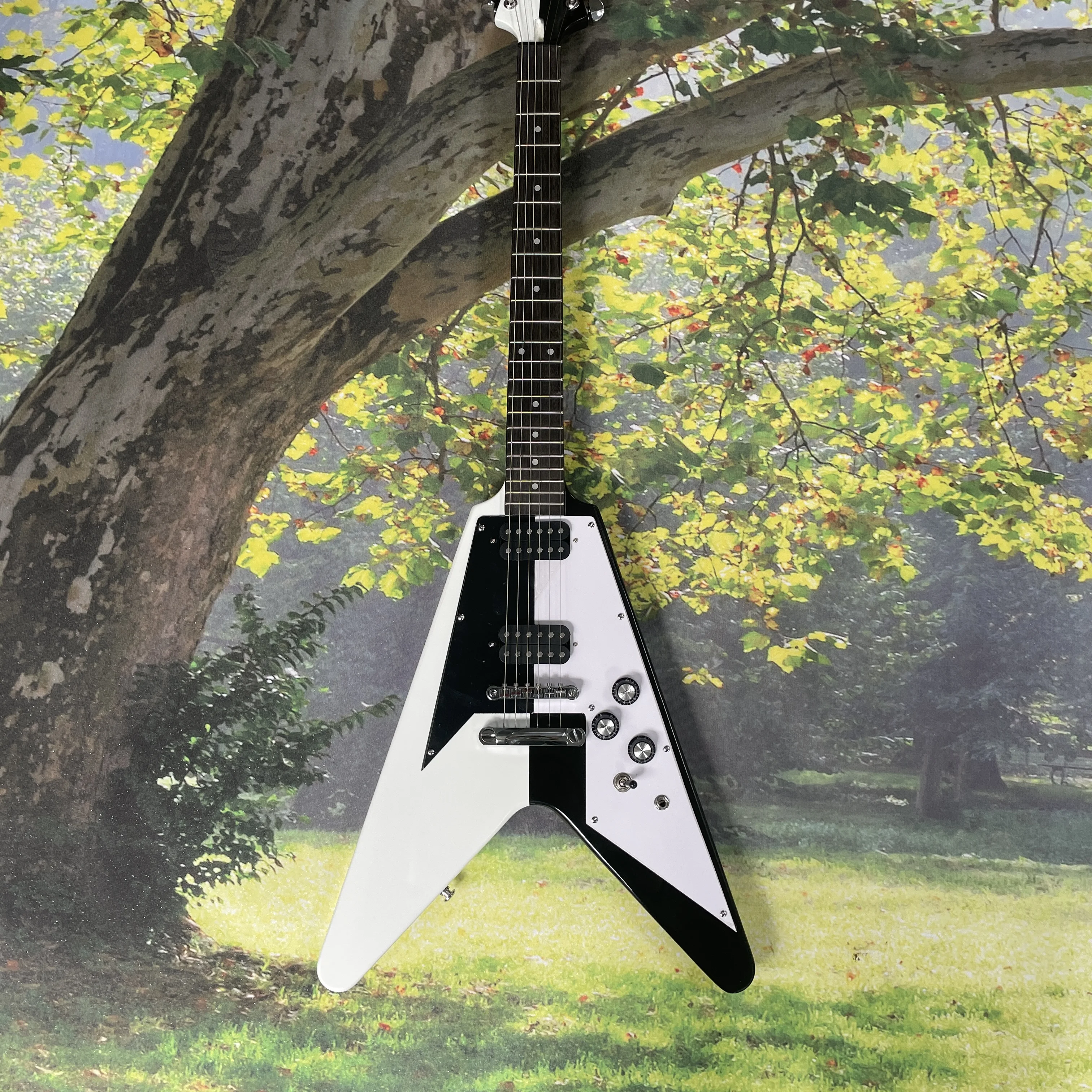 V-shaped electric guitar, HH high-power pickup guitars, beginner to advanced heavy rhythm and lead electric guitarra
V-shaped electric guitar, HH high-power pickup guitars, beginner to advanced heavy rhythm and lead electric guitarra