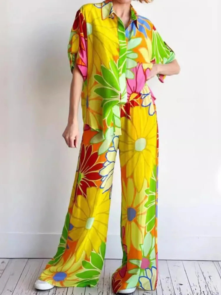 Casual Printed Loose Two Piece Set Summer Fashion Beach Vacation Short Sleeves Shirts Top And High Waist Wide Leg Pants 2 Sets
Casual Printed Loose Two Piece Set Summer Fashion Beach Vacation Short Sleeves Shirts Top And High Waist Wide Leg Pants 2 Sets
