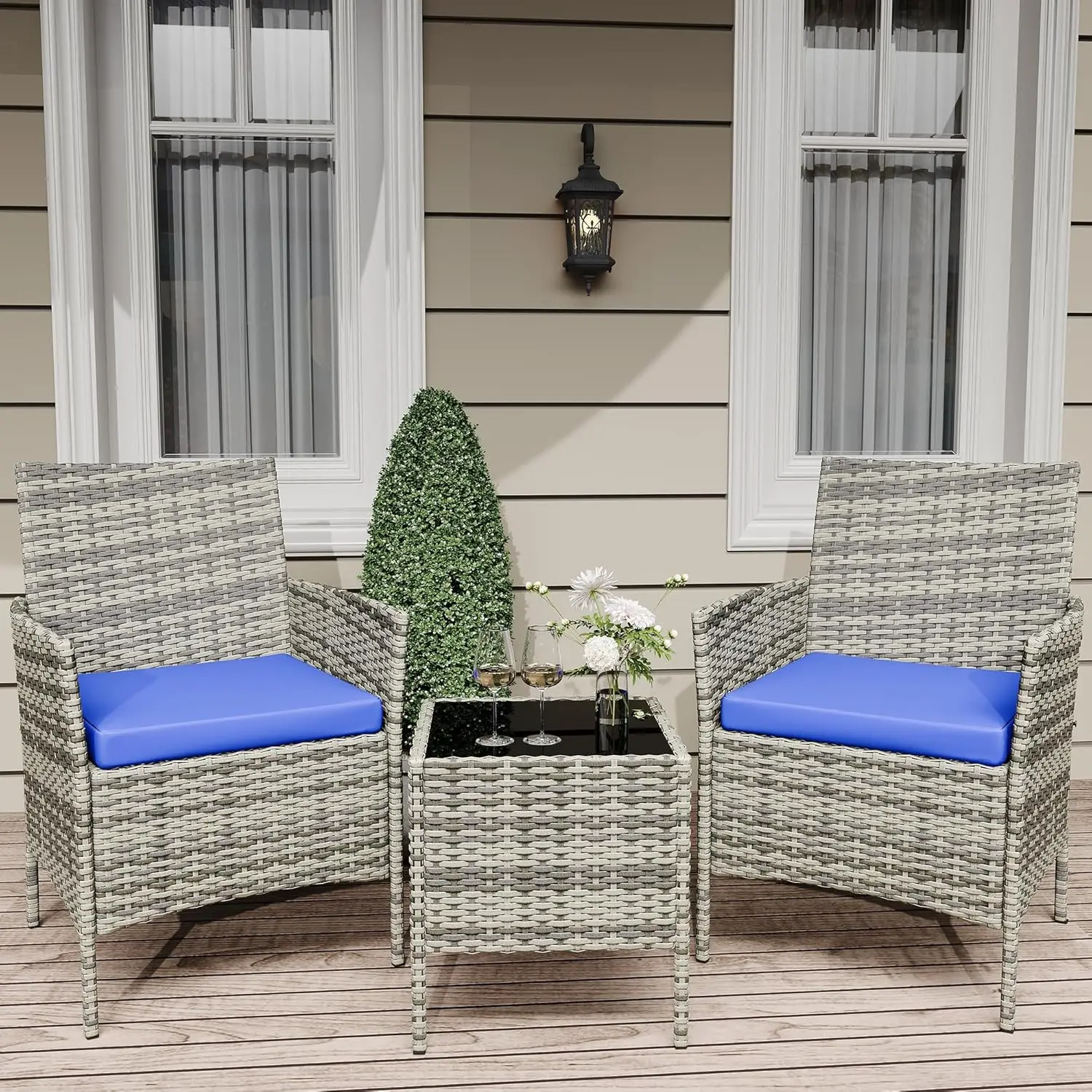 3-Piece Patio Set. All Weather Rattan. Soft Cushion. Glass Table. For Garden, Porch, Poolside. Grey & Blue.
3-Piece Patio Set. All Weather Rattan. Soft Cushion. Glass Table. For Garden, Porch, Poolside. Grey & Blue.