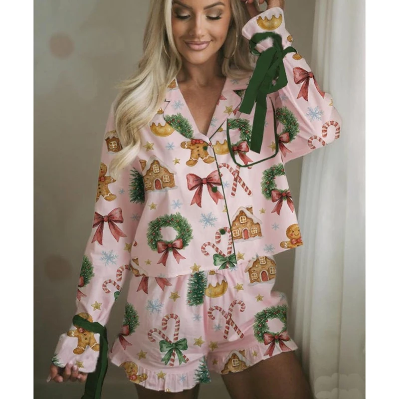 HEZIOWYUN Женский рождественский пижамный комплект Y2K Рубашка на пуговицах с длинными рукавами и шорты Домашняя одежда Комплект из 2 предметов Рождественские атласные шелковые пижамы
HEZIOWYUN Женский рождественский пижамный комплект Y2K Рубашка на пуговицах с длинными рукавами и шорты Домашняя одежда Комплект из 2 предметов Рождественские атласные шелковые пижамы