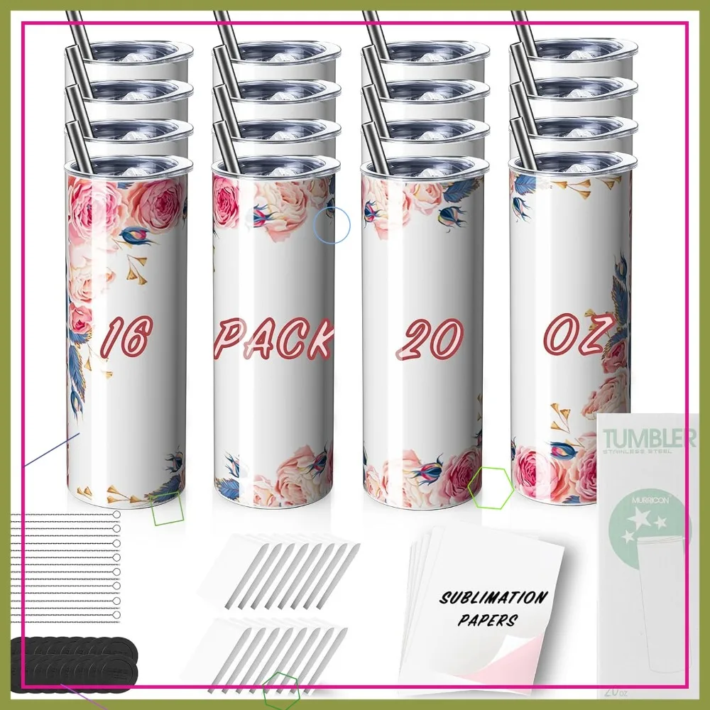 16 Pack Sublimation Tumblers 20 oz Skinny, Stainless Steel Insulated Blanks with Lid, Straw, Paper, Individually Boxed
16 Pack Sublimation Tumblers 20 oz Skinny, Stainless Steel Insulated Blanks with Lid, Straw, Paper, Individually Boxed