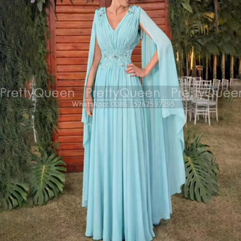 Customized A Line Bridesmaid Dresses Appliques Long Cape Sleeves V Neck Flowy Chiffon Wedding Party Dress For Women
Customized A Line Bridesmaid Dresses Appliques Long Cape Sleeves V Neck Flowy Chiffon Wedding Party Dress For Women