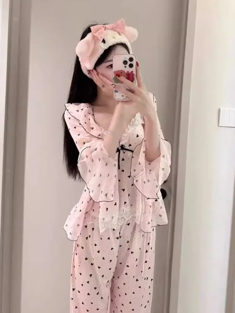 Sweet Polka Dot Lace Sleepwear Three-Piece Set Bell Sleeve Strap Long Pants Open Cardigan Comfortable Breathable Women's Pajamas
Sweet Polka Dot Lace Sleepwear Three-Piece Set Bell Sleeve Strap Long Pants Open Cardigan Comfortable Breathable Women's Pajamas