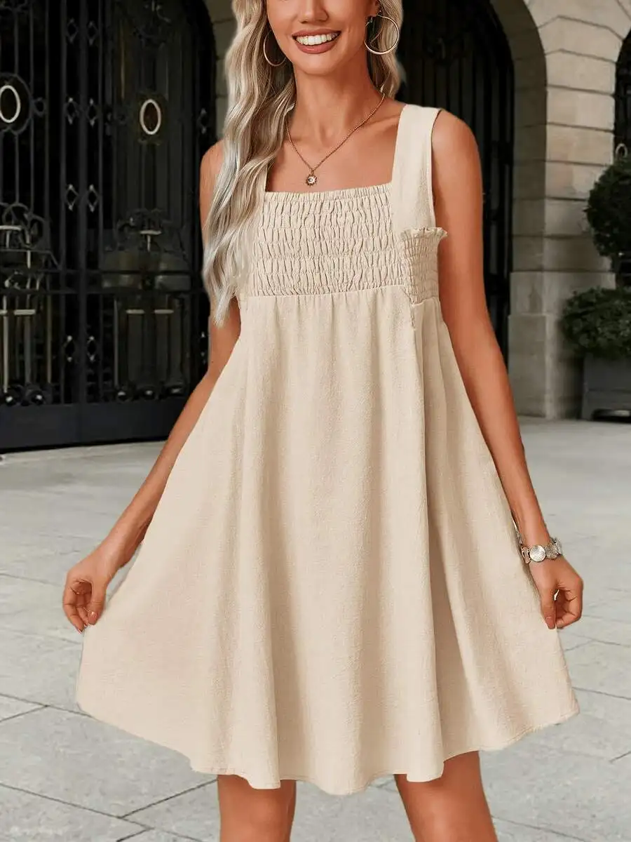 Women Summer Sleeveless Square Neck Smocked Swing Mini Dress
Women Summer Sleeveless Square Neck Smocked Swing Mini Dress