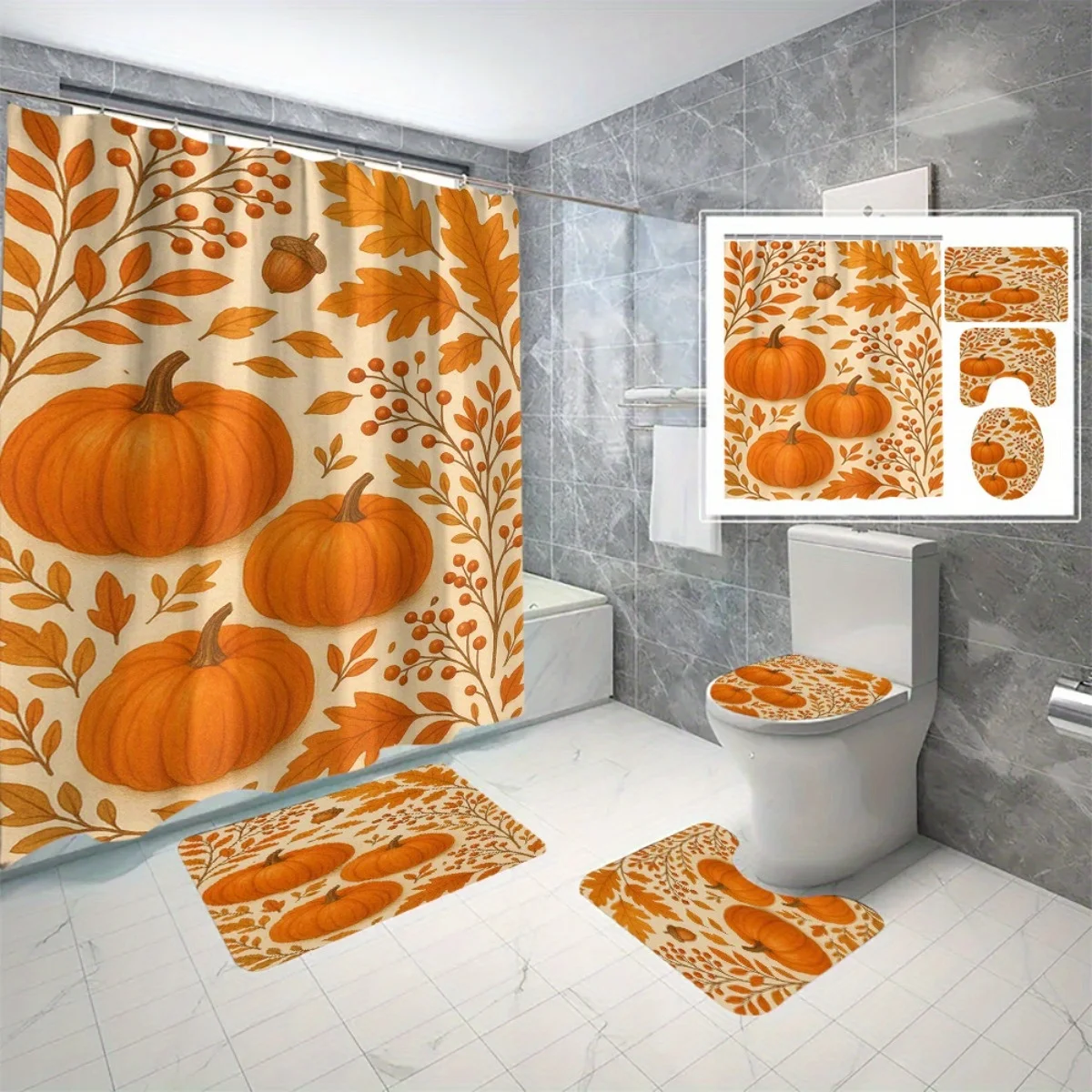 4pc Thanksgiving pumpkin leaf acorn berry pattern bathroom decoration, non-slip mat, U-shaped mat, toilet lid mat shower curtain
4pc Thanksgiving pumpkin leaf acorn berry pattern bathroom decoration, non-slip mat, U-shaped mat, toilet lid mat shower curtain