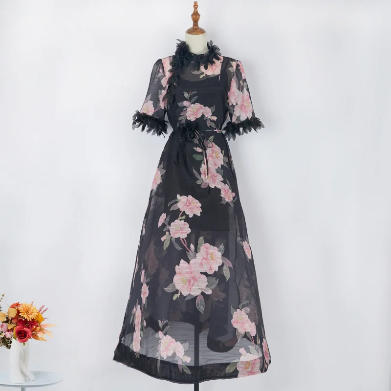 Real Shot Australian Stand Collar Floral Black Print Dress with Tie Waist Elegant Mid-Length Dress Women + Camisole
Real Shot Australian Stand Collar Floral Black Print Dress with Tie Waist Elegant Mid-Length Dress Women + Camisole