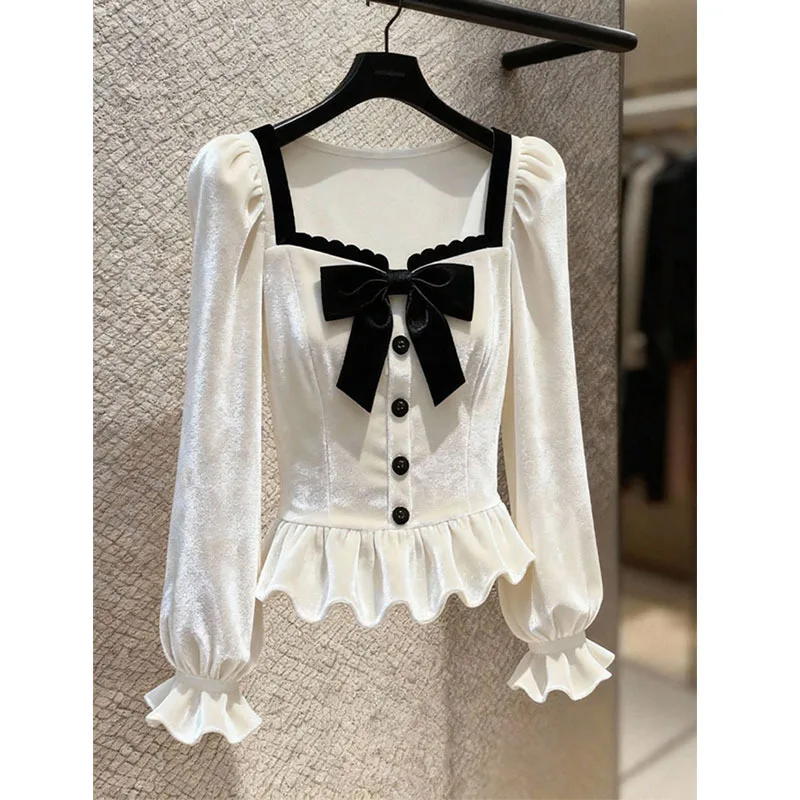 Vintage Small Fragrance Bow Beige Velvet Long Sleeve Blouse Tops Women Spring Ruffle Cropped Jumper Luxury Warm Bottoming Shirts
Vintage Small Fragrance Bow Beige Velvet Long Sleeve Blouse Tops Women Spring Ruffle Cropped Jumper Luxury Warm Bottoming Shirts