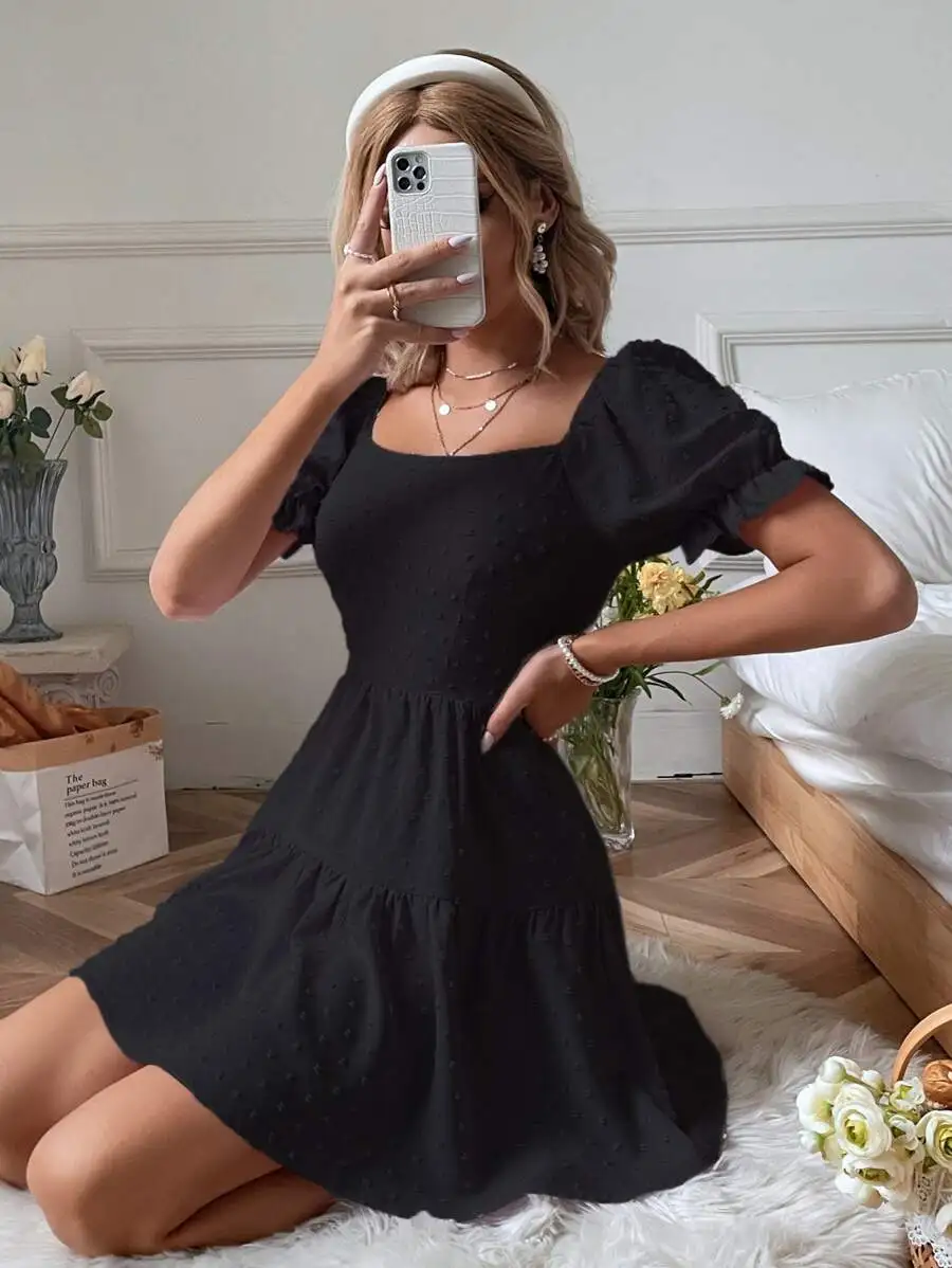 Black Swiss Dot Puff Sleeve Ruffle Hem Dress For Vacation Beach
Black Swiss Dot Puff Sleeve Ruffle Hem Dress For Vacation Beach