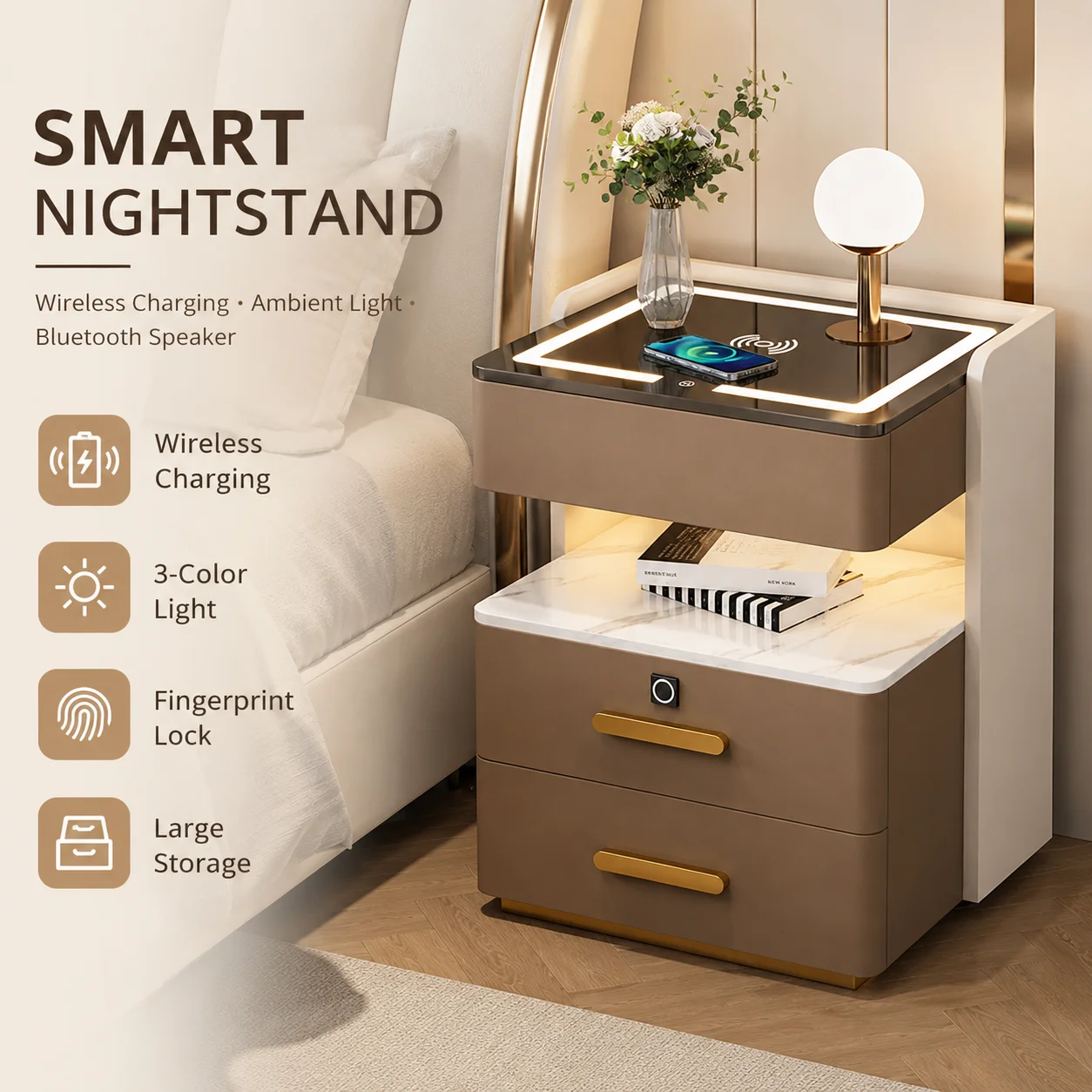 Smart Bedside Table with Wireless Charging & 3-Color LED Light, Modern Sintered Stone Nightstand for Bedroom
Smart Bedside Table with Wireless Charging & 3-Color LED Light, Modern Sintered Stone Nightstand for Bedroom