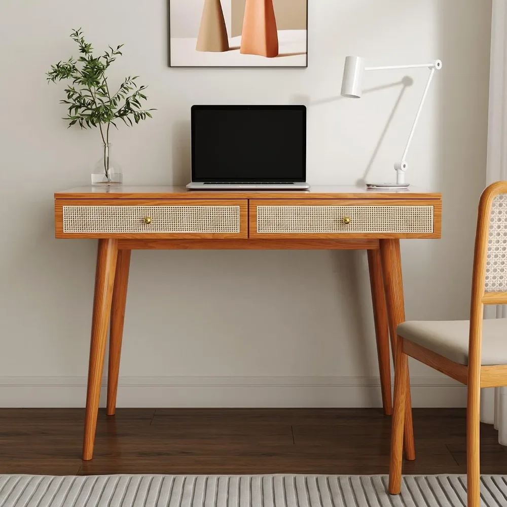 Mid-Century Modern Solid Wood Desk with Drawers – 45 inch Small Boho Rattan Writing Desk for Home Office, Minimalist Design
Mid-Century Modern Solid Wood Desk with Drawers – 45 inch Small Boho Rattan Writing Desk for Home Office, Minimalist Design