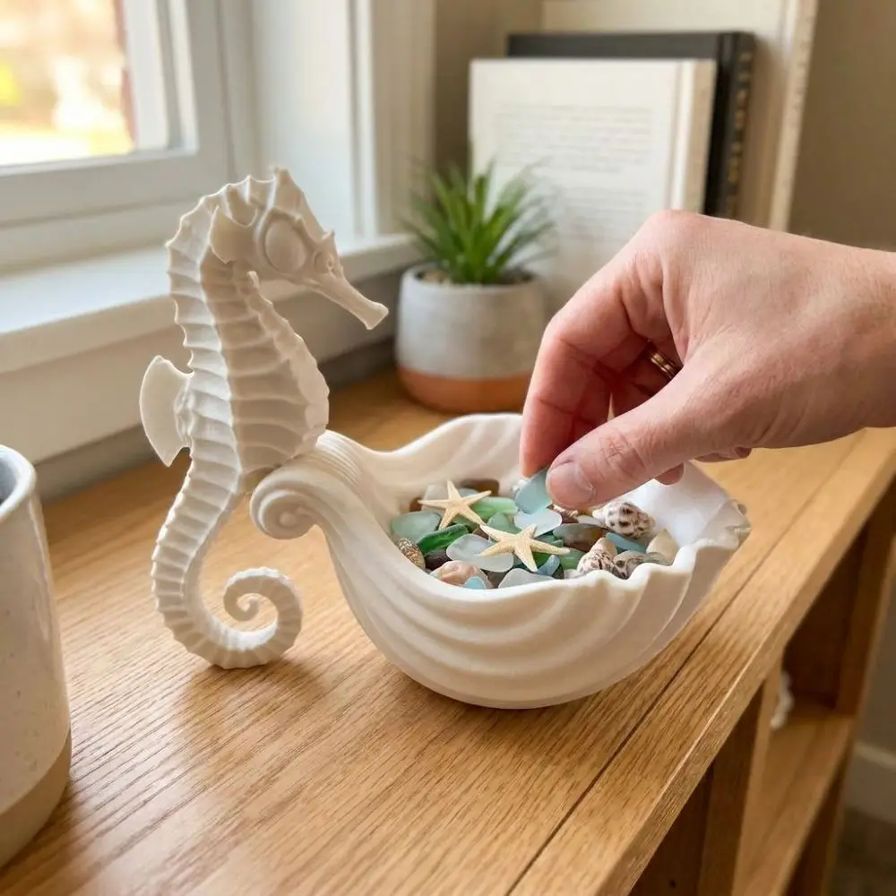 3D Printed Seahorse-Shaped Storage Tray Cute Decorative Jewelry Display Stand Plastic Stable Cosmetics Rack Desktop Organizer
3D Printed Seahorse-Shaped Storage Tray Cute Decorative Jewelry Display Stand Plastic Stable Cosmetics Rack Desktop Organizer