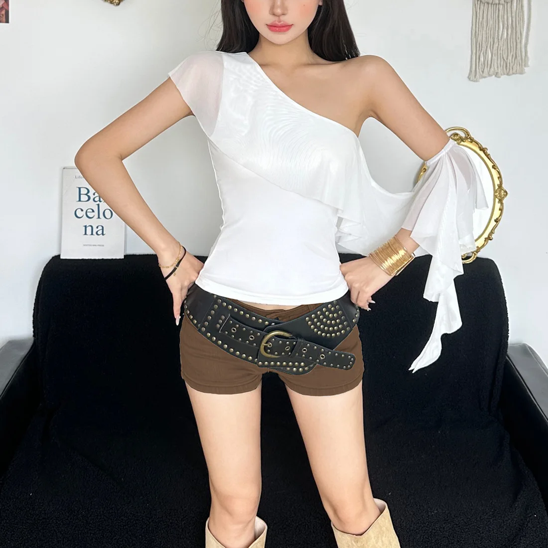 Sexy Patchwork Perspective Mesh Single Shoulder T Shirt Women Skew Collar Solid Tee Shirt Tops All-Matching Clothes
Sexy Patchwork Perspective Mesh Single Shoulder T Shirt Women Skew Collar Solid Tee Shirt Tops All-Matching Clothes