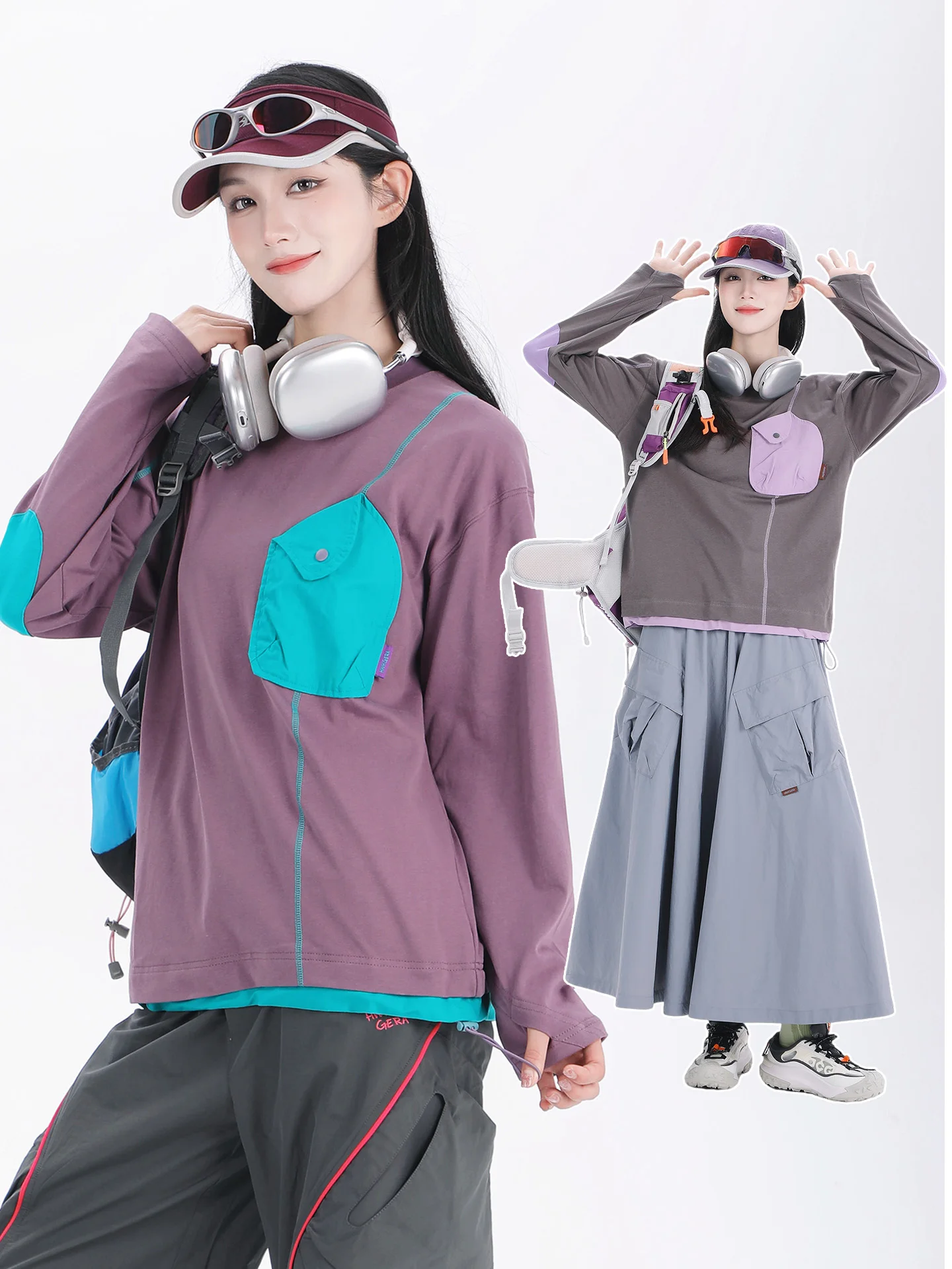 Autumn new outdoor sports contrasting pocket round neck T-shirt for female students, loose casual long sleeved top 
Autumn new outdoor sports contrasting pocket round neck T-shirt for female students, loose casual long sleeved top