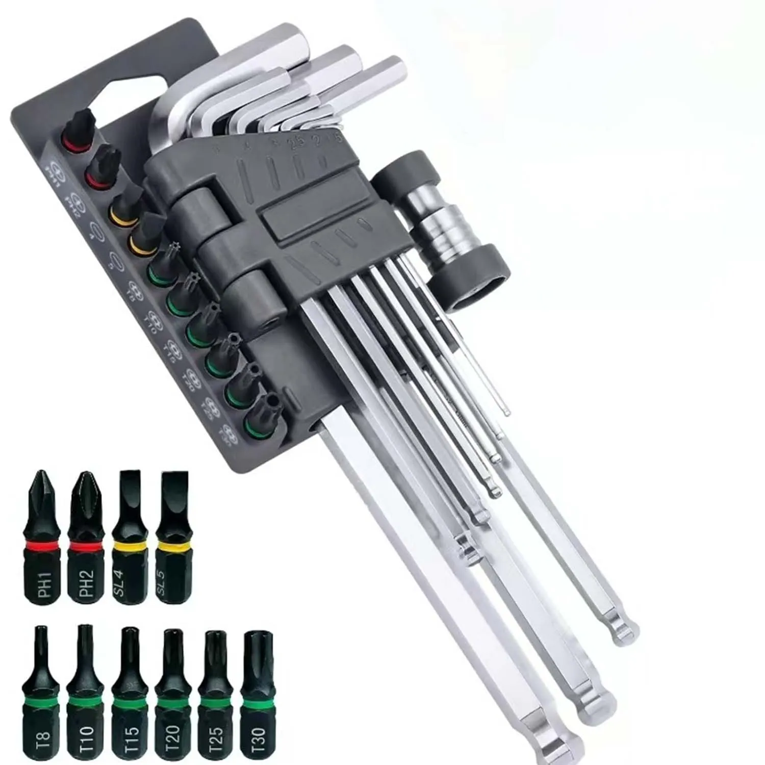 20In1 Metric Allen Wrench Set Bit Adapter with Screwdriver Head S2 Steel HEX/TORX/BALL END Hex Point Tips for Furniture&DIY Etc.
20In1 Metric Allen Wrench Set Bit Adapter with Screwdriver Head S2 Steel HEX/TORX/BALL END Hex Point Tips for Furniture&DIY Etc.