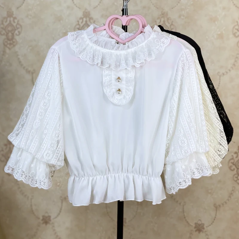 Summer Vintage Elegant Lolita Blouses Women Japanese Style Kawaii Lace Ruffles Stand Collar Short Shirts Chiffon Jsk Inside Tops
Summer Vintage Elegant Lolita Blouses Women Japanese Style Kawaii Lace Ruffles Stand Collar Short Shirts Chiffon Jsk Inside Tops