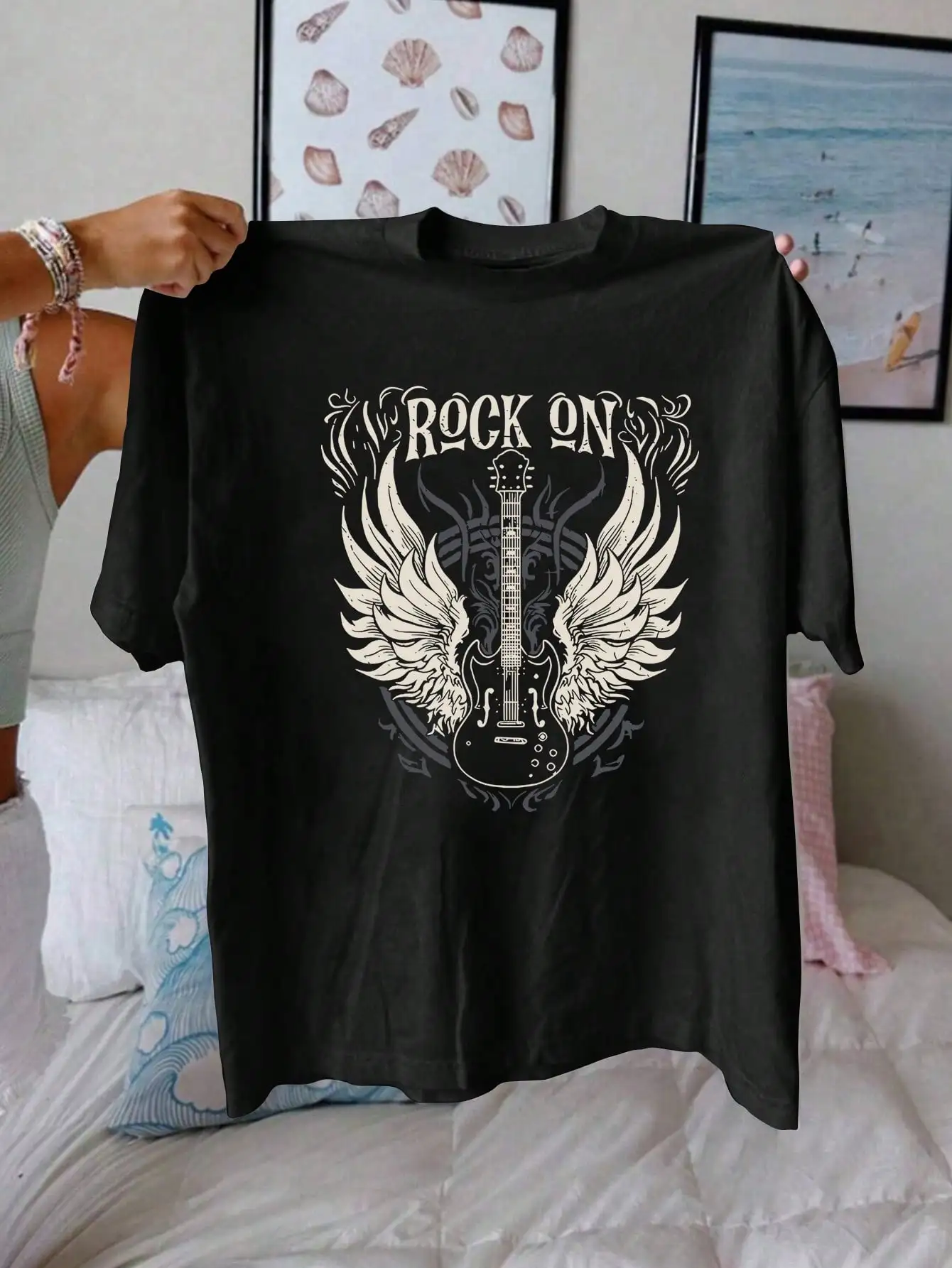 Winged Guitar Cartoon Letter Print T Shirt, Short Sleeve Crew Neck Casual Top For Summer & Spring, Women's T-Shirt
Winged Guitar Cartoon Letter Print T Shirt, Short Sleeve Crew Neck Casual Top For Summer & Spring, Women's T-Shirt