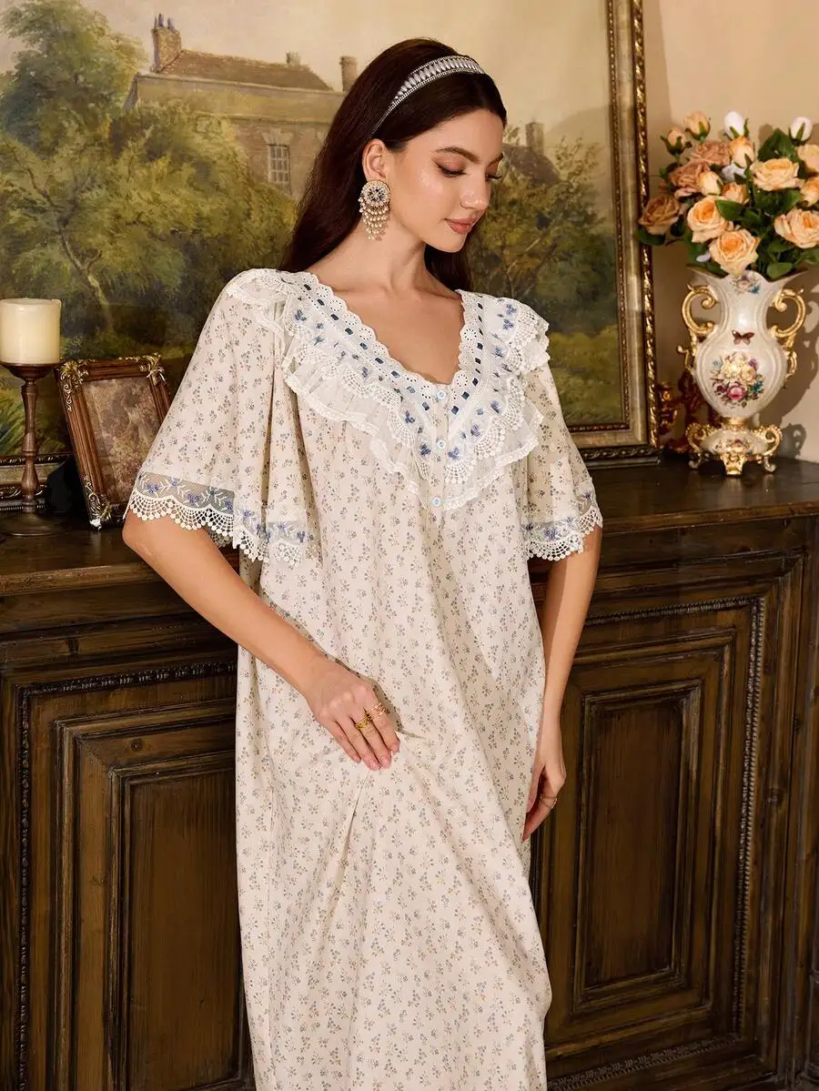 Romantic Vintage French Style Summer Ditsy Floral Nightgown With Embroidered Lace Trim
Romantic Vintage French Style Summer Ditsy Floral Nightgown With Embroidered Lace Trim