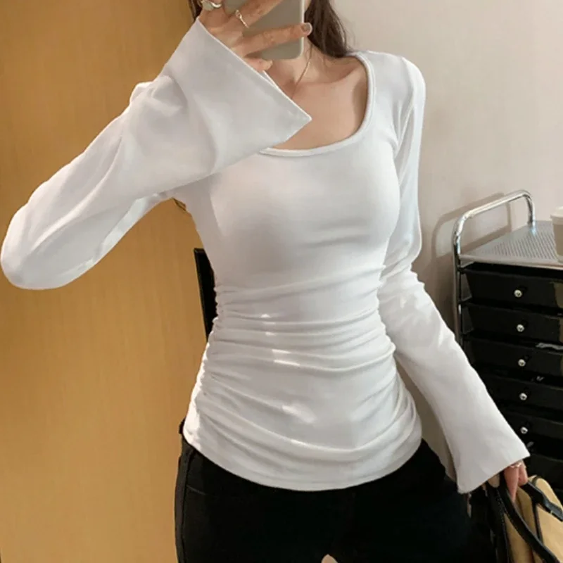 Spring Autumn Bottom Women's White T-shirts 2025 New Pleated Korean O-neck Long Flare Sleeve Solid Slim Shirts Female
Spring Autumn Bottom Women's White T-shirts 2025 New Pleated Korean O-neck Long Flare Sleeve Solid Slim Shirts Female