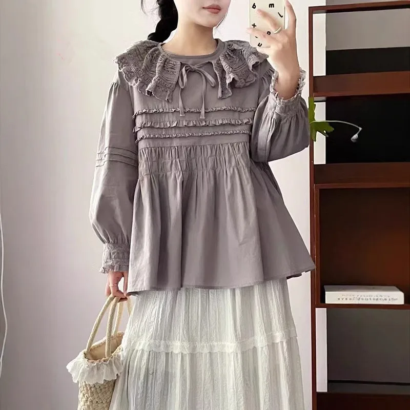 Johnature Doll Collar Top Women Spring New Mori Dismantling Lace-up Pleated Fungus Edge Cotton Doll Shirts Women
Johnature Doll Collar Top Women Spring New Mori Dismantling Lace-up Pleated Fungus Edge Cotton Doll Shirts Women