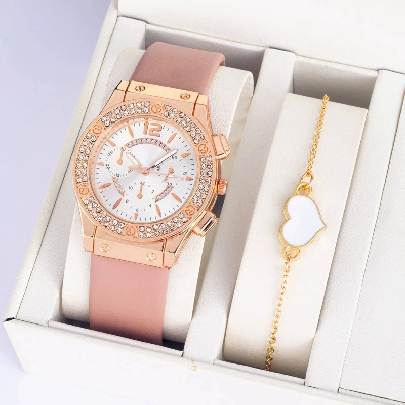 Fashion Diamond Dial Ladies Watch Casual Leather Strap Analog Quartz Watch Heart Bracelet Set (No Box)
Fashion Diamond Dial Ladies Watch Casual Leather Strap Analog Quartz Watch Heart Bracelet Set (No Box)