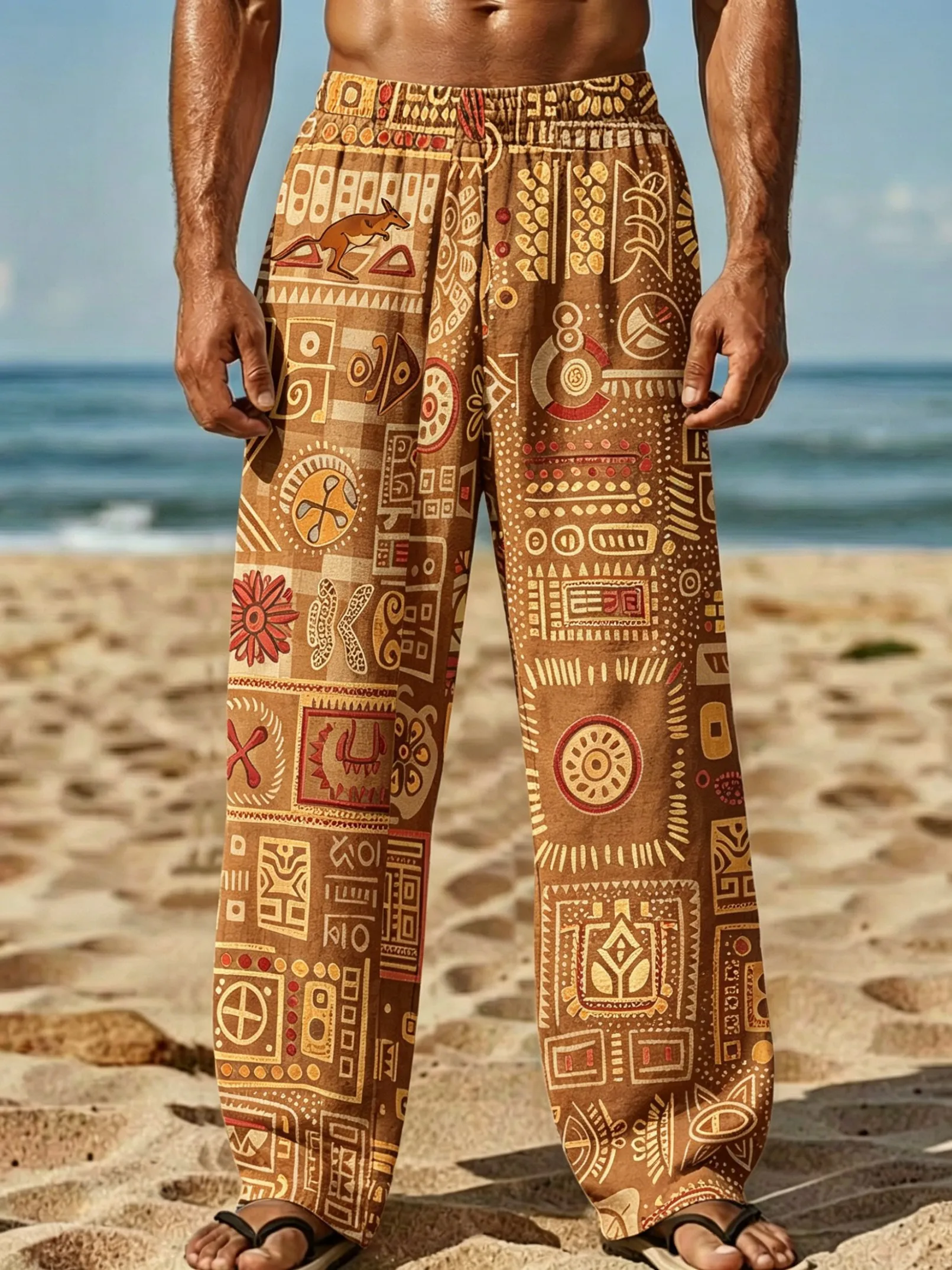 Men's Spring Summer Aboriginal Kangaroo Ethnic Geometric Print Drawstring Pants, Vintage Aussie Trousers for Beach Daily Outfit
Men's Spring Summer Aboriginal Kangaroo Ethnic Geometric Print Drawstring Pants, Vintage Aussie Trousers for Beach Daily Outfit