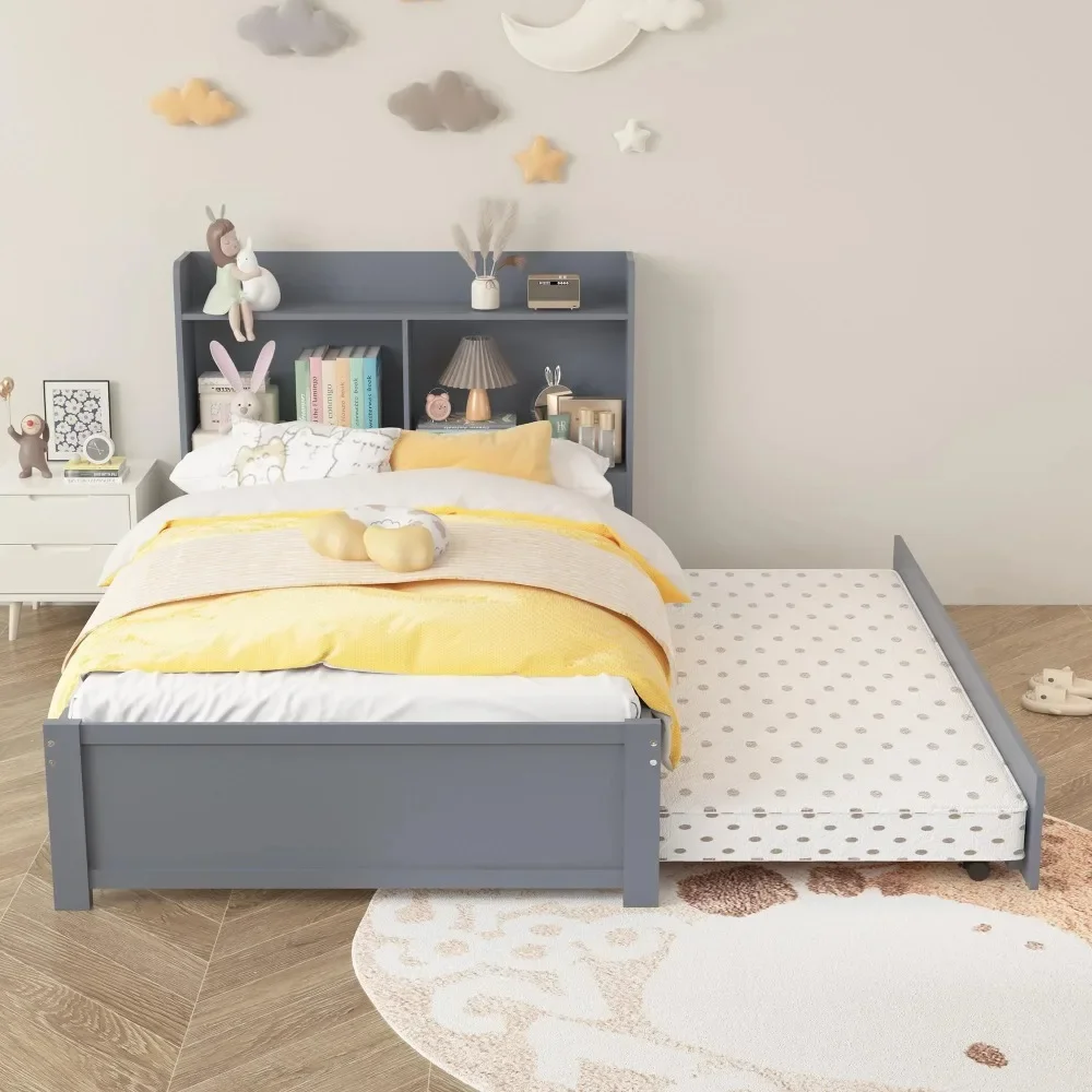 BedFrame with Pull Out Trundle,Solid Wood Trundle Bed with Headboard Footboard, Twin Bed Frame with Trundle and Storage Bookcase
BedFrame with Pull Out Trundle,Solid Wood Trundle Bed with Headboard Footboard, Twin Bed Frame with Trundle and Storage Bookcase