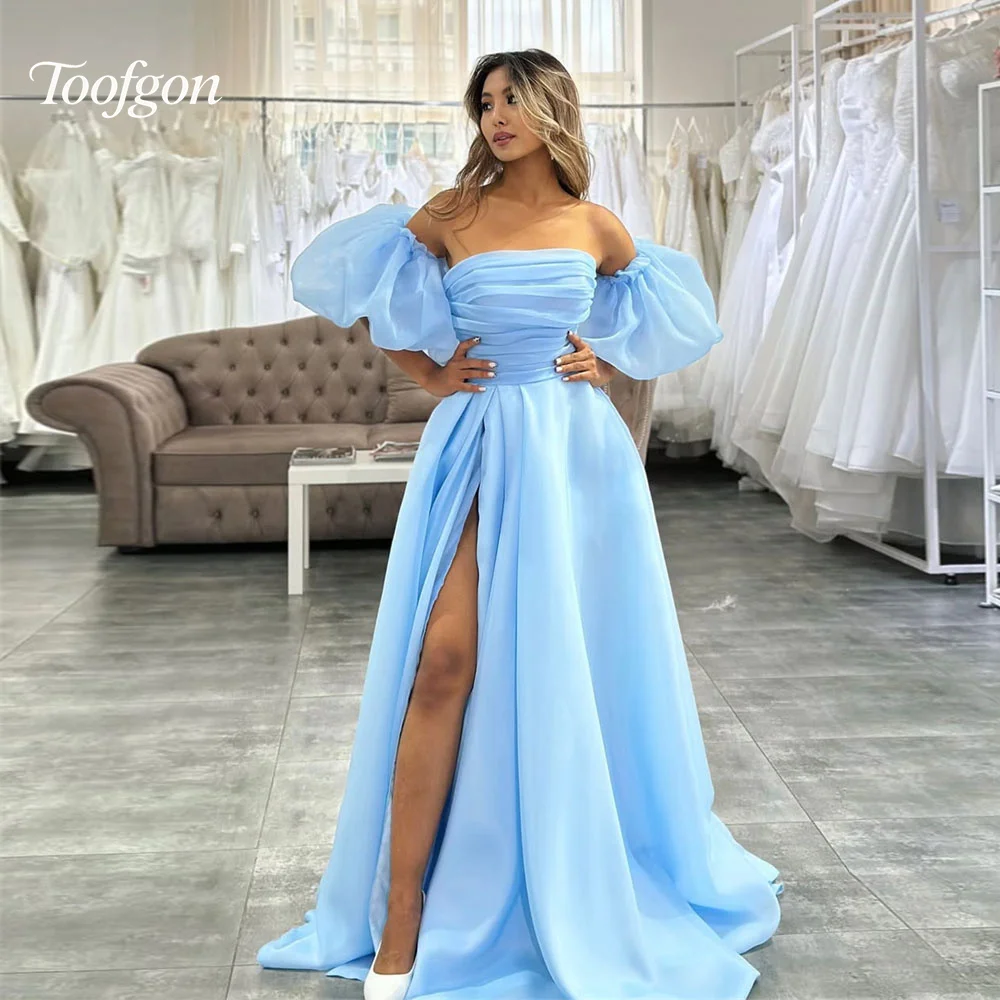 Toofgon Elegant Organza Blue Prom Dresses Strapless Short Puff Sleeve Formal Party Gown Customized Women Slit Long Evening Dress
Toofgon Elegant Organza Blue Prom Dresses Strapless Short Puff Sleeve Formal Party Gown Customized Women Slit Long Evening Dress
