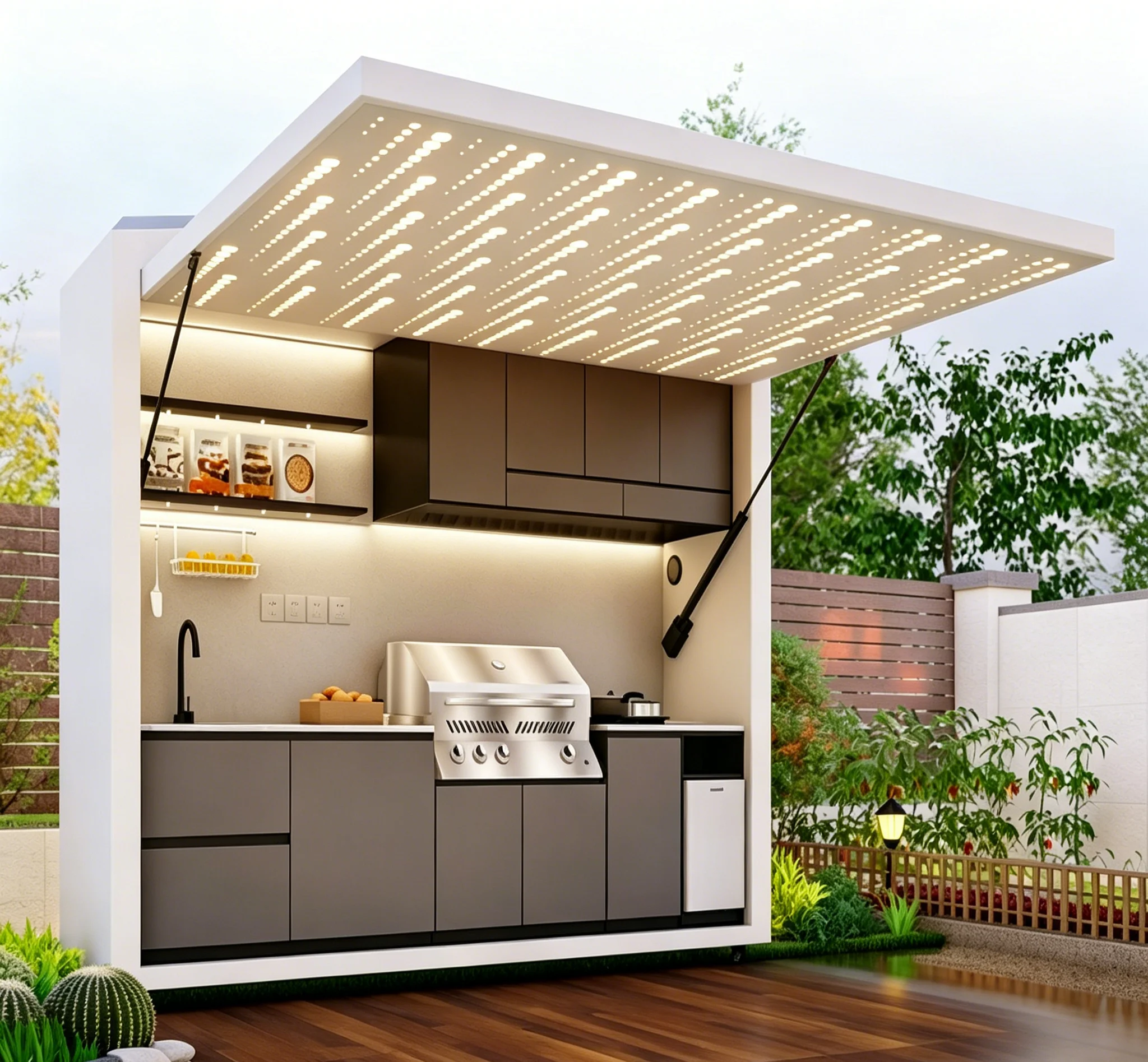 Modular aluminum alloy outdoor kitchen shed, weatherproof outdoor barbecue kitchen cabinet, remote control outdoor kitchen
Modular aluminum alloy outdoor kitchen shed, weatherproof outdoor barbecue kitchen cabinet, remote control outdoor kitchen