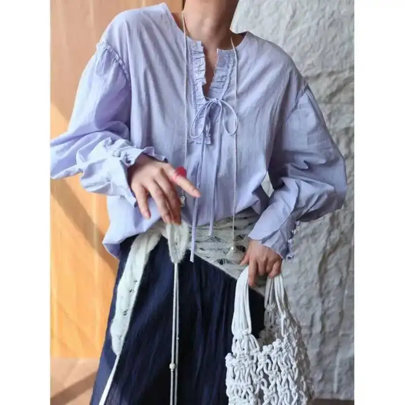 Women Ruffles Tie-up Cotton Linen Blouses Spring Summer V-neck Loose Long Sleeve Korean Tops
Women Ruffles Tie-up Cotton Linen Blouses Spring Summer V-neck Loose Long Sleeve Korean Tops