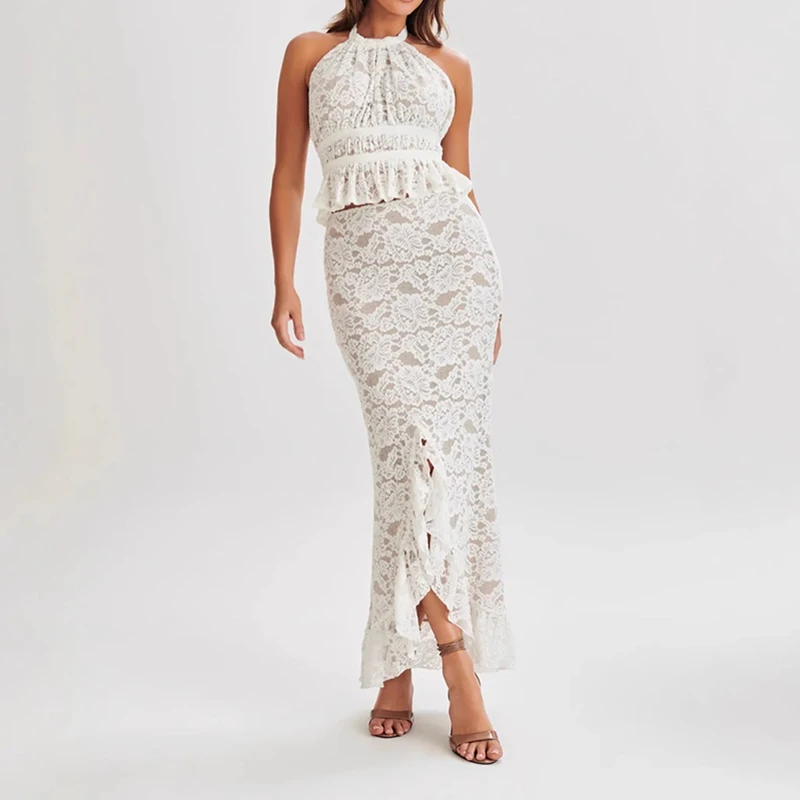 Elegant Women Daily Commuting Outfits Fashion Party Solid Sets Sexy Lace Backless Halter Vest Wrap Hips Half Skirts Matching Set
Elegant Women Daily Commuting Outfits Fashion Party Solid Sets Sexy Lace Backless Halter Vest Wrap Hips Half Skirts Matching Set