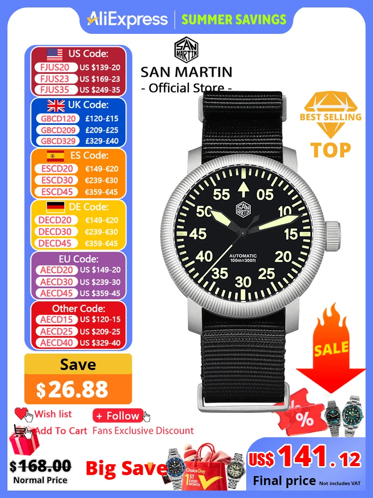 San Martin New 40mm Retro Pilot YN55 Automatic Mechanical Fashion Simple Style Men Wristwatch 100m Waterproof C3 Luminous SN0143
San Martin New 40mm Retro Pilot YN55 Automatic Mechanical Fashion Simple Style Men Wristwatch 100m Waterproof C3 Luminous SN0143