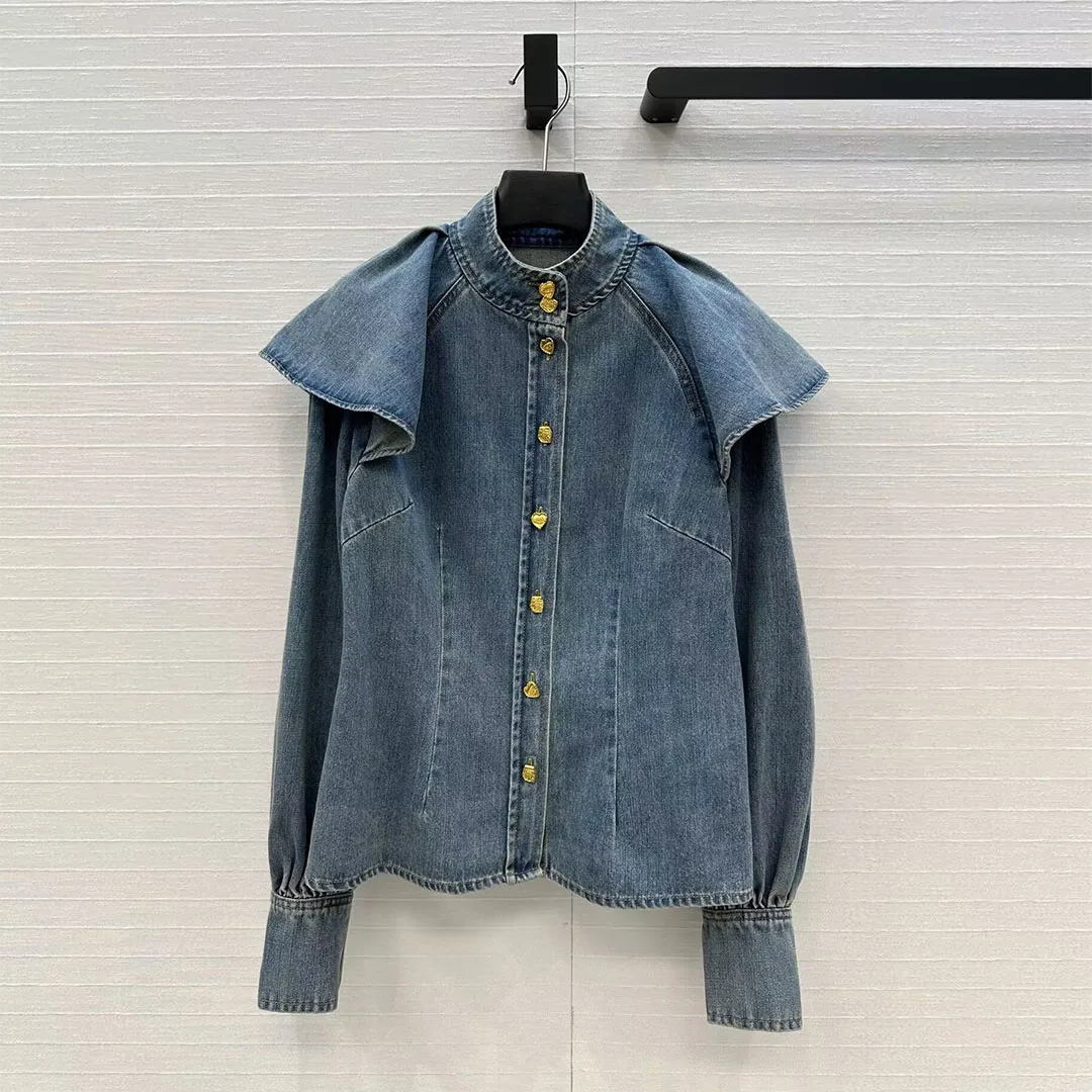 New Autumn Boho Style Blue Denim Shirt Women Ruffles Stand-up Collar Long Sleeve Gold Buttons Sweet Vintage Blouse Tops
New Autumn Boho Style Blue Denim Shirt Women Ruffles Stand-up Collar Long Sleeve Gold Buttons Sweet Vintage Blouse Tops