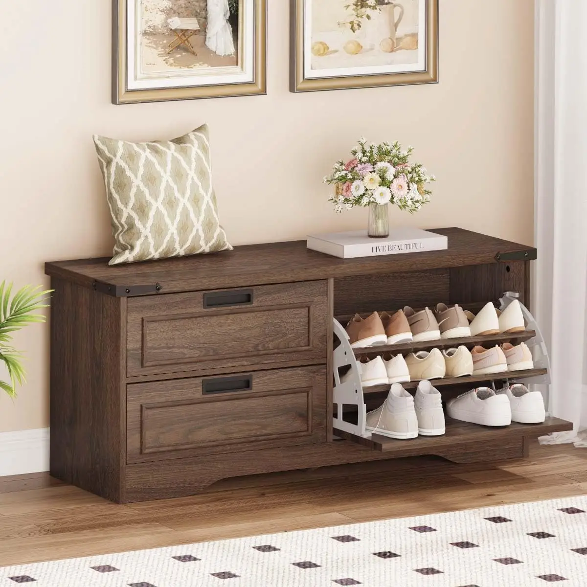 Bench with Shoe Storage for Entryway Wooden Shoe Benches with Flip Door and Drawers Entry Way Shoes Organizer Cabinet
Bench with Shoe Storage for Entryway Wooden Shoe Benches with Flip Door and Drawers Entry Way Shoes Organizer Cabinet
