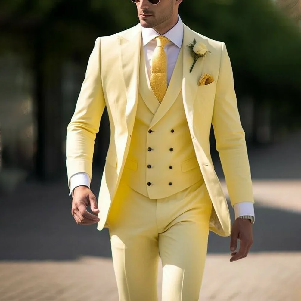 Yellow Men Suits 3 Piece Summer Chic Peak Lapel Single Breasted Outfits Fashion Formal Office Business Casual Wedding Suits
Yellow Men Suits 3 Piece Summer Chic Peak Lapel Single Breasted Outfits Fashion Formal Office Business Casual Wedding Suits