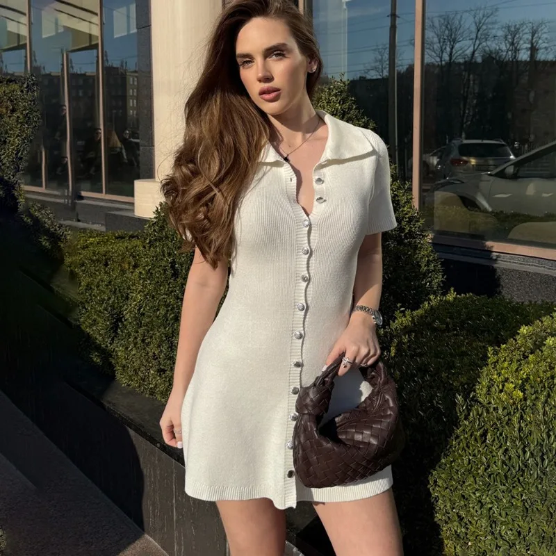 Tuularose Women's Knit Dress Fashion Lapel Single Breasted Short Sleeve Solid Dress Elegant Summer Slim New Women's Casual Dress
Tuularose Women's Knit Dress Fashion Lapel Single Breasted Short Sleeve Solid Dress Elegant Summer Slim New Women's Casual Dress