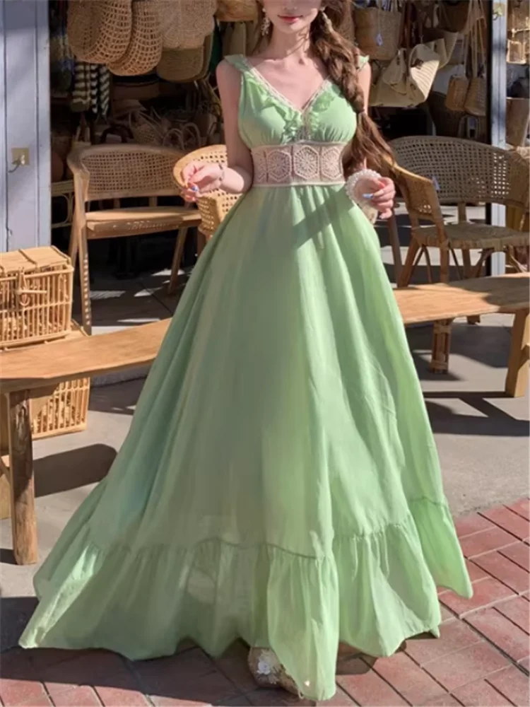 Summer Holiday Green Yellow Ruffles V Neck Long Dress Robe Vacation Backless Hollow Lace Waist A Line Maxi beach Dress Vestidos
Summer Holiday Green Yellow Ruffles V Neck Long Dress Robe Vacation Backless Hollow Lace Waist A Line Maxi beach Dress Vestidos