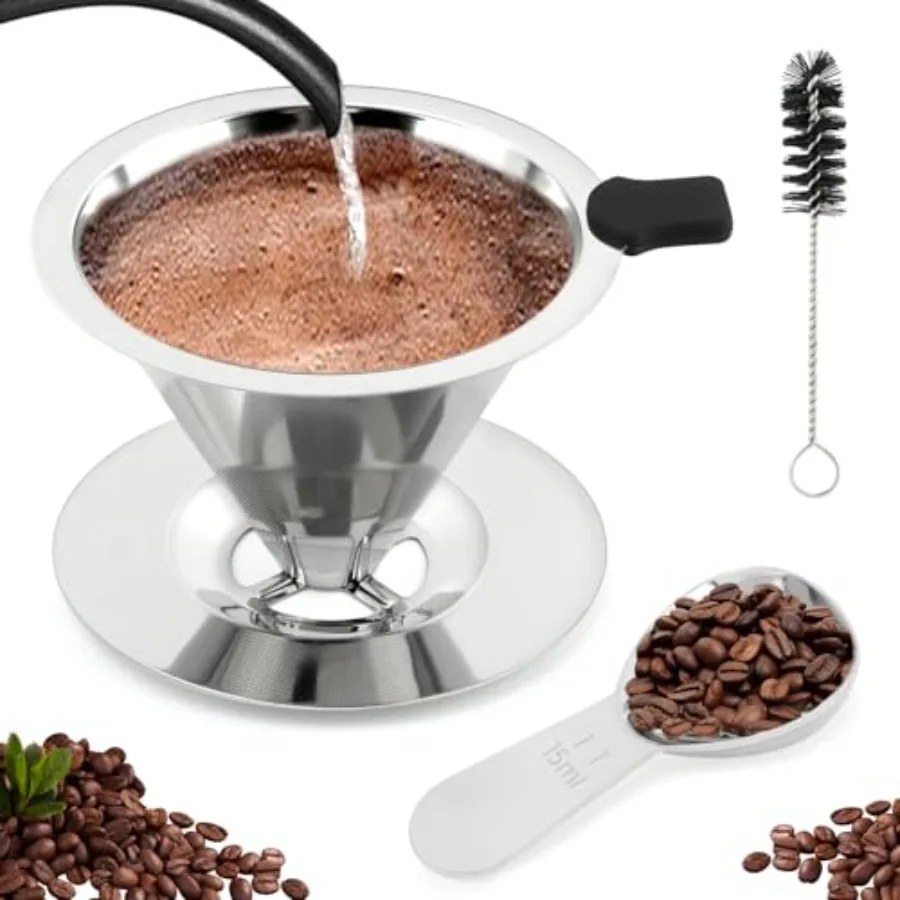 Pour Over Coffee Dripper, Upgraded Double Micro Mesh Filter With Cleaning Brush and 15g Scoop, Stainless Steel Reusable Coffee
Pour Over Coffee Dripper, Upgraded Double Micro Mesh Filter With Cleaning Brush and 15g Scoop, Stainless Steel Reusable Coffee