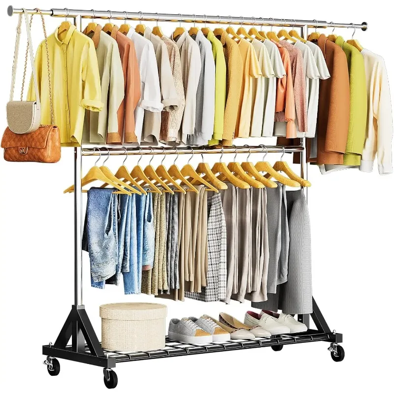 Heavy Duty Rolling Clothes Rack with Double Rod, Lockable Wheels, and Adjustable Shelves - Supports 600 LBS
Heavy Duty Rolling Clothes Rack with Double Rod, Lockable Wheels, and Adjustable Shelves - Supports 600 LBS
