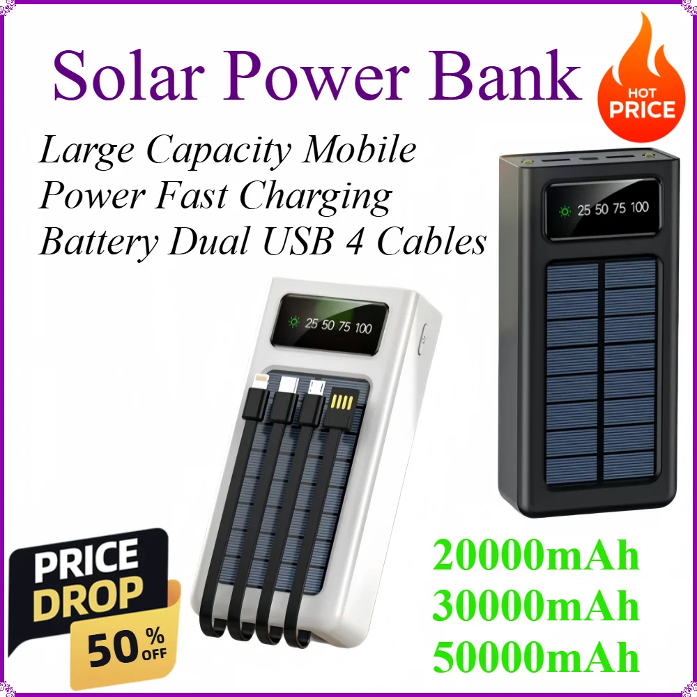 Solar Power Bank 50000mAh Large Capacity Mobile Power Fast Charging Battery Dual USB 4 Cables
Solar Power Bank 50000mAh Large Capacity Mobile Power Fast Charging Battery Dual USB 4 Cables